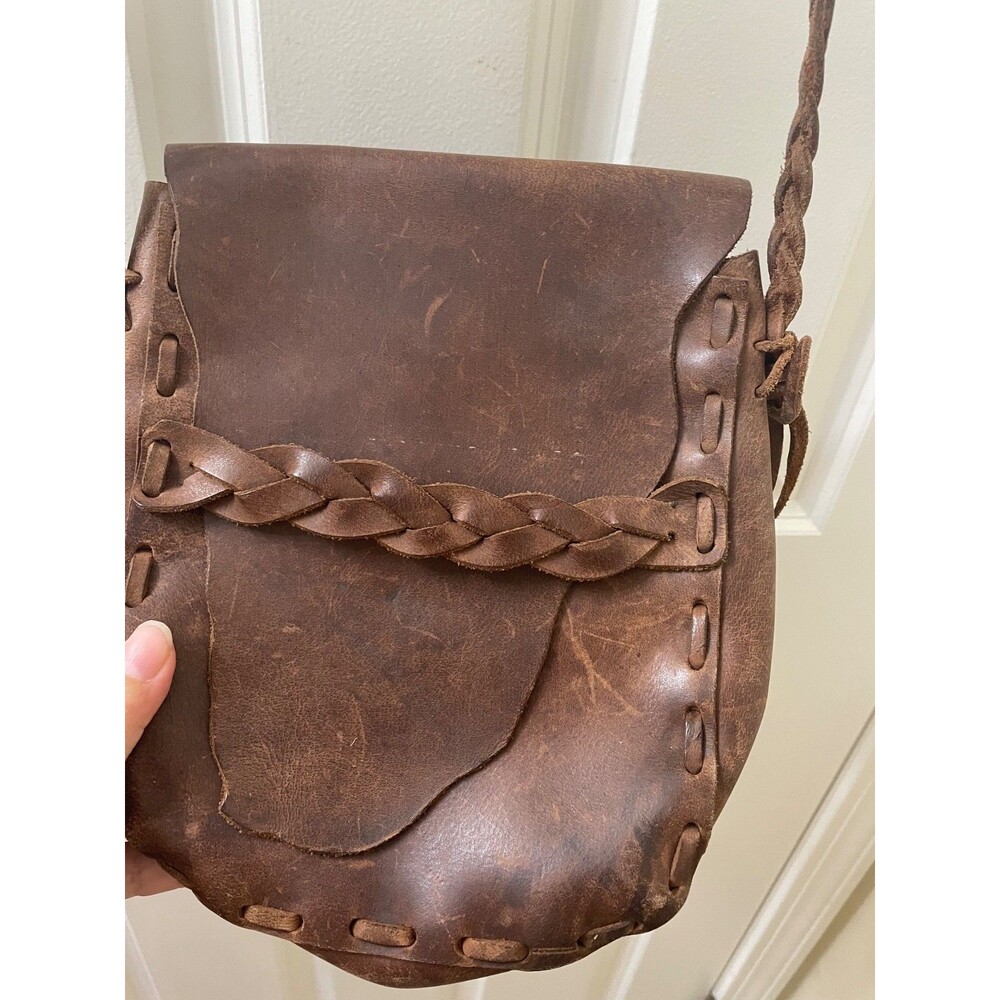 Vintage 70’s  Handmade Leather Purse Braided Strap Boho Hippie Festival Bag